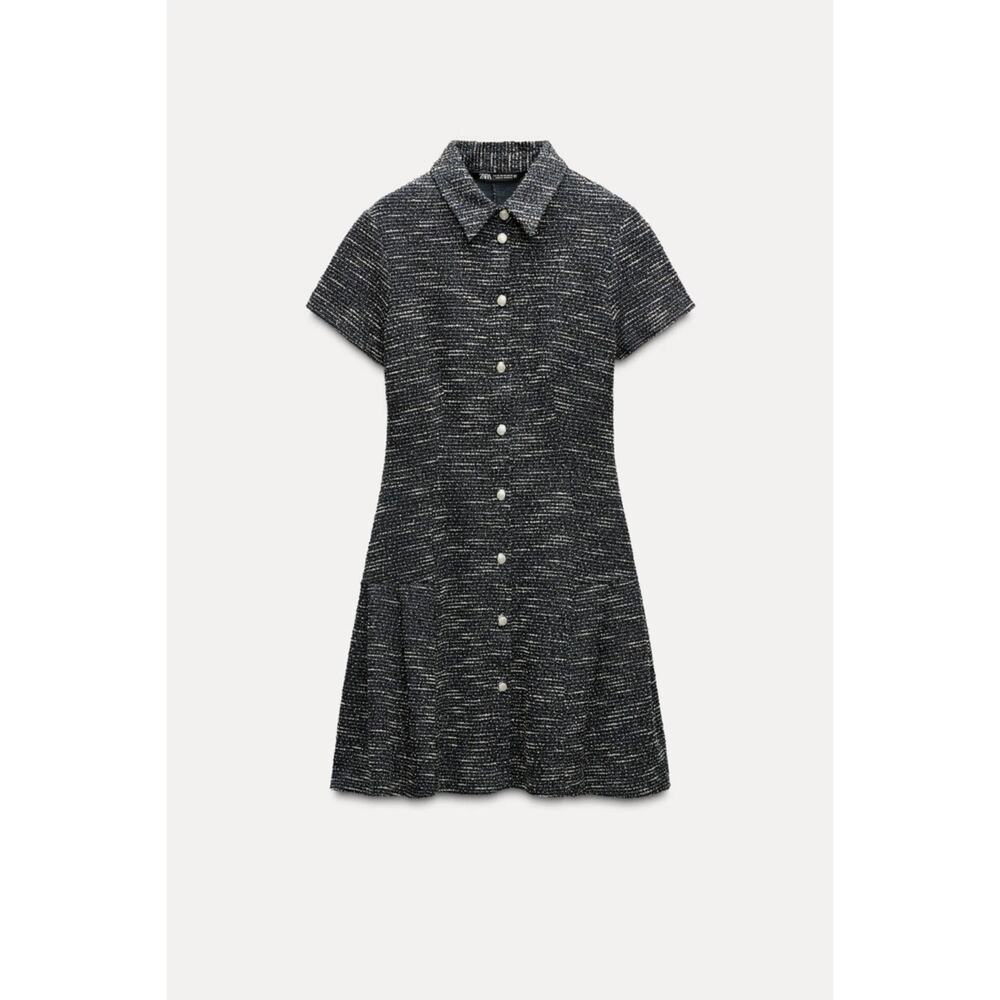Zara Short Sleeve Collared Ruffle Hem Button-Up Tweed Mini Dress Navy White S - Picture 2 of 10